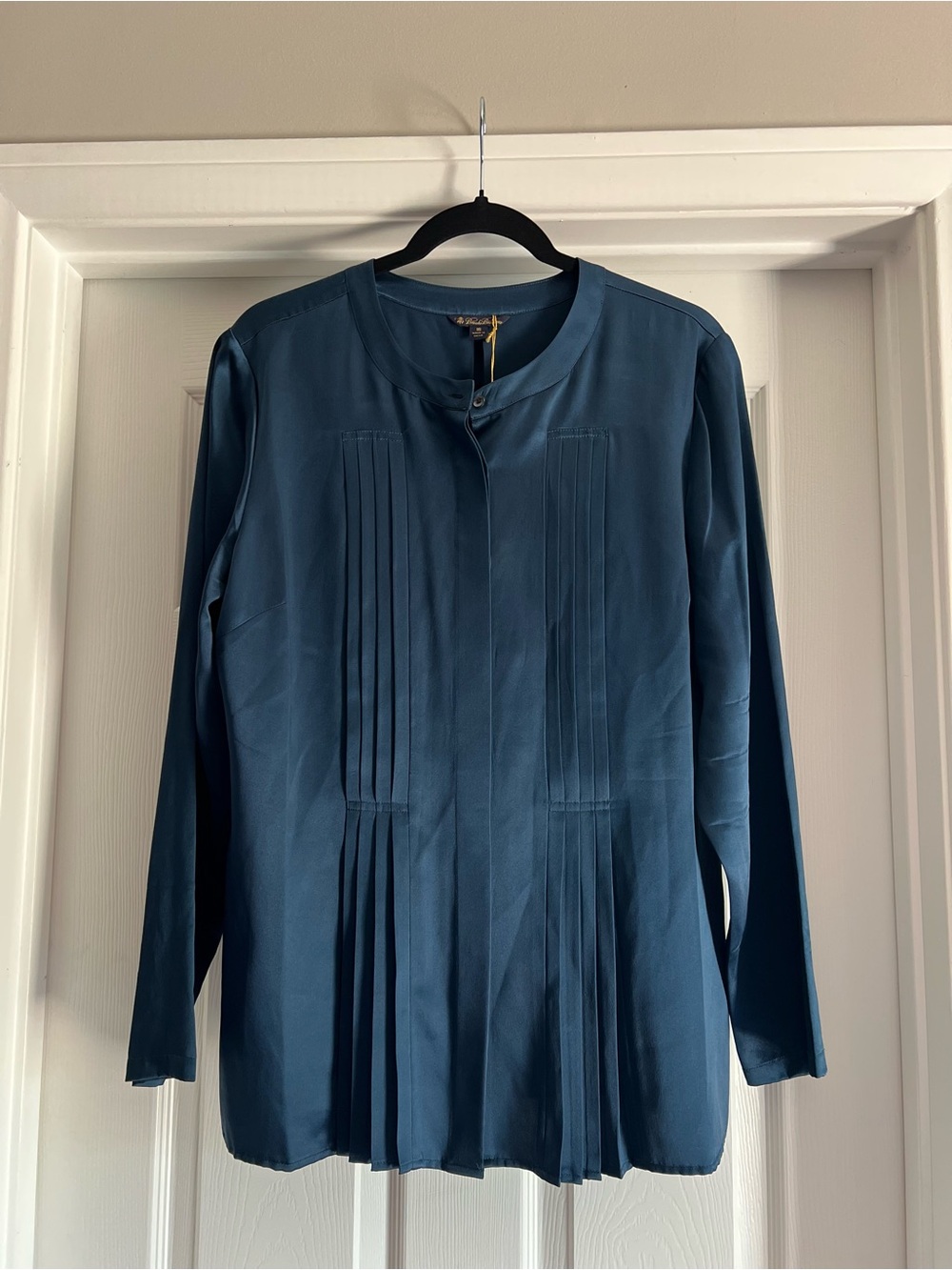 Women's Brooks Brothers Teal Blue Silk Pleated Band Collar Button Blouse Top 16